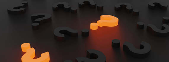 3D rendered image of randomly placed black question marks with two of them orange coloured